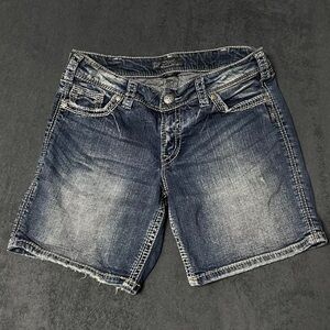 Silver Womans SZ 31 US 12 Suki Flap Pocket Bermuda Medium Wash Denim Jean Shorts